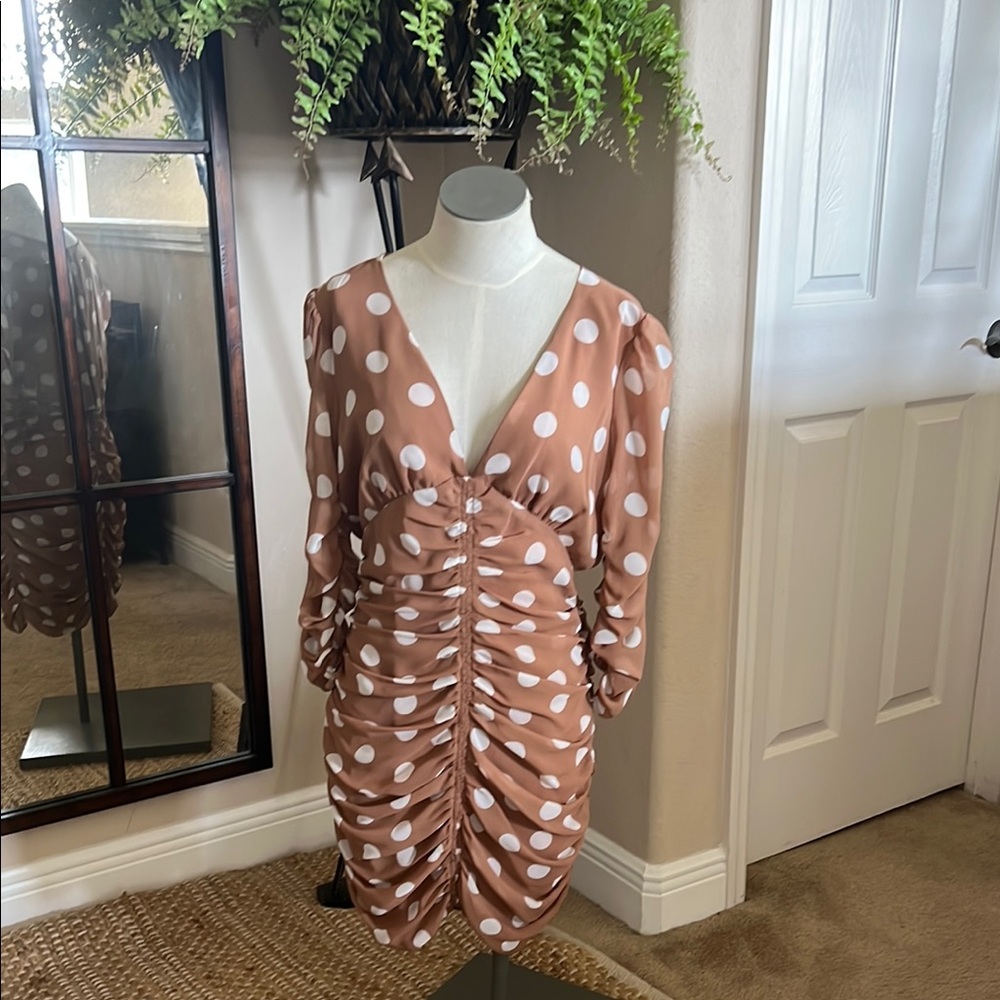 *NEW* Polka Dot Ruched Brown Dress